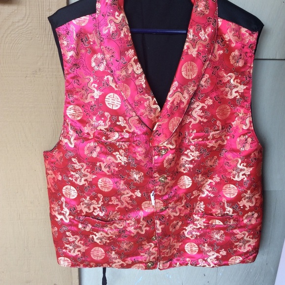 MENS RED & GOLD BROCADE VEST XXL - Picture 1 of 2